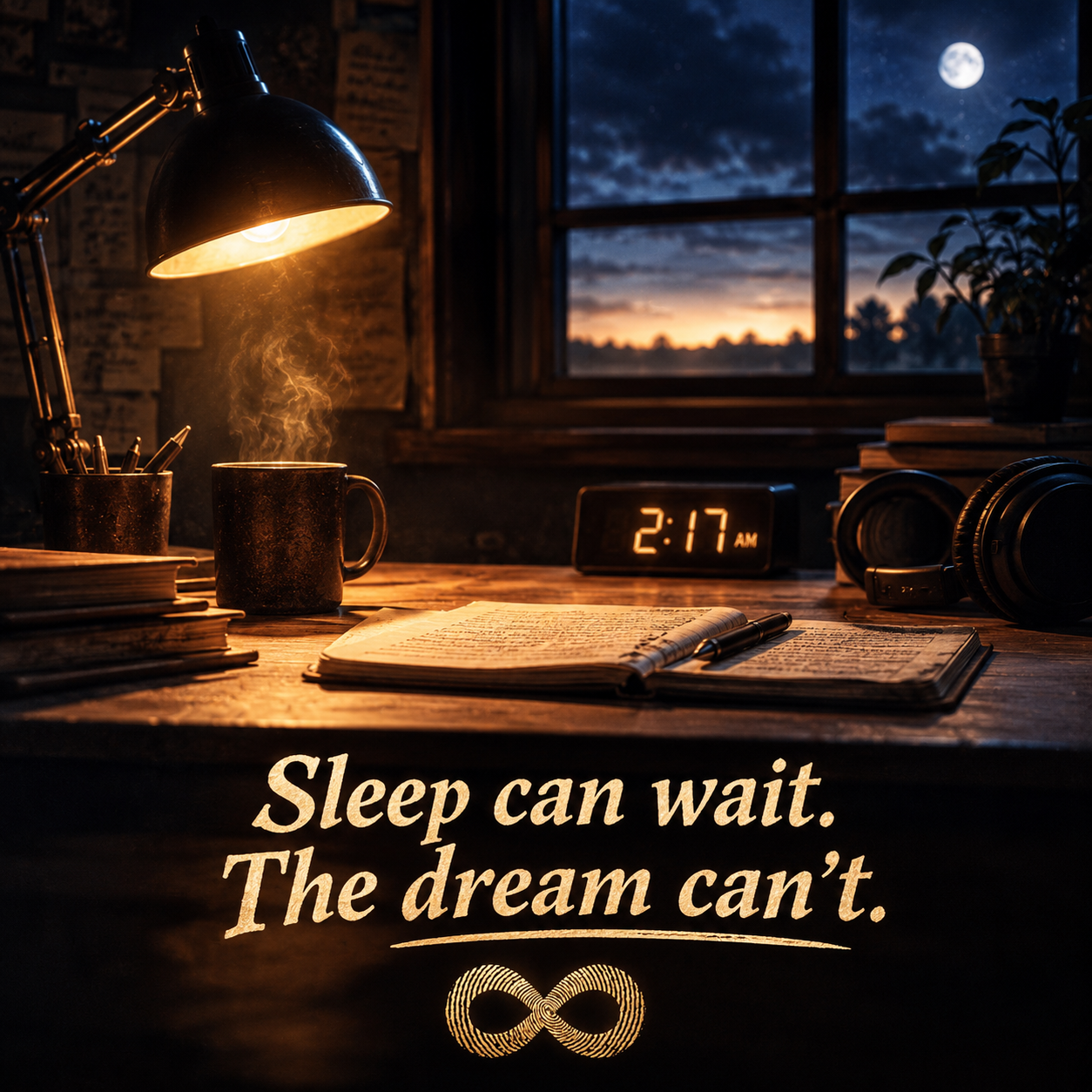 A lamp-lit desk at 2:17am — sleep can wait, the dream can't